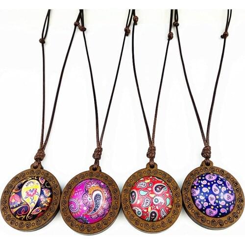 24pcs Cashew Flower Mandala Dome Glass Wood Pendant Necklaces Women girl Necklaces Wax Rope Chain DIY Jewelry best gift