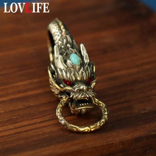 Chinese Beast Dragon Keychain Brass Metal Keyring Men Belt Waist Buckle Hanging Jewelry Car Key Chain Ring Luxury Husband Gifts