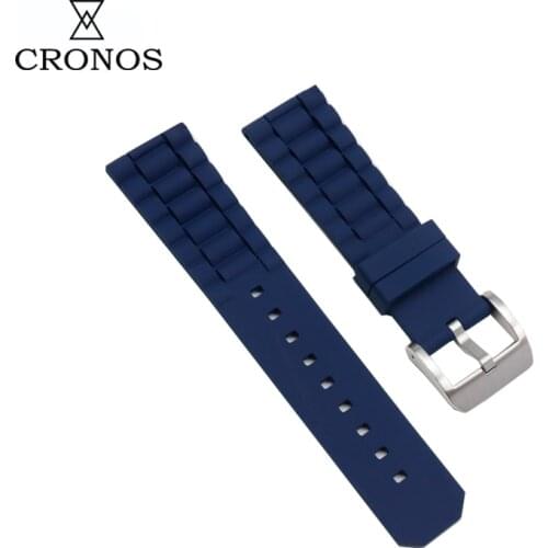 Cronos Watch Parts Silicone Watch Strap Waterproof 22mm Stainless Steel Brushed Tongue Buckle Wave Shape with Blue
