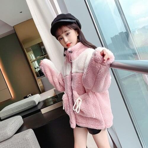 Children Fur Wool Coats Korean Girls Pink White Thicken Wool Coat New Winter Kids Windbreaker Coat For Girls 4 6 7 9 11 12 14 Y