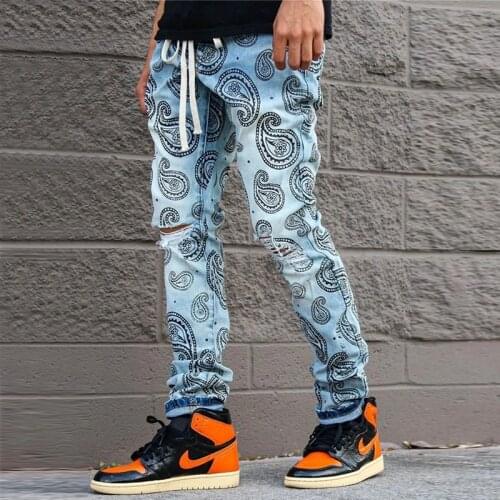 Fashion Mens Jeans Slim Fit Black Blue Color Pattern Designer Printed Jeans Men Punk pencil Pants Skinny Hip Hop Denim trousers