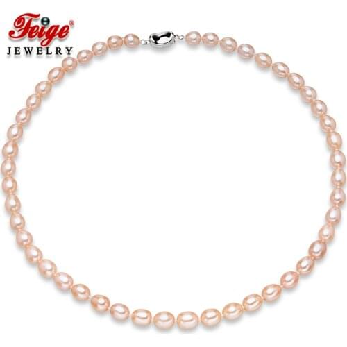 FEIGE Genuine AAA 7-8mm Rice Shape Pink Natural Pearl Necklace for Women Choker Wedding Pink Pearl Necklace Fine Pearl Jewelry