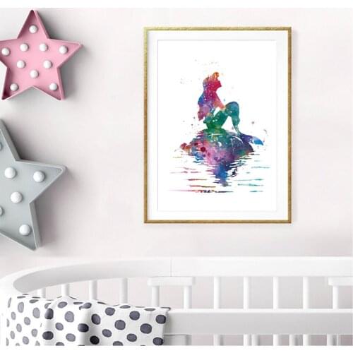 High Definition Watercolor Princess Little Mermaid Poster Nursery Wall Art Picture Canvas Painting Girls Room Decor