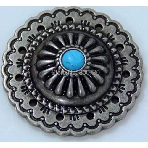 KB305) 10pc 1-2/5''(3.5cm) Jumbo Stamped Blank Concho Antique-Silver w/ Blue Stone Leathercraft