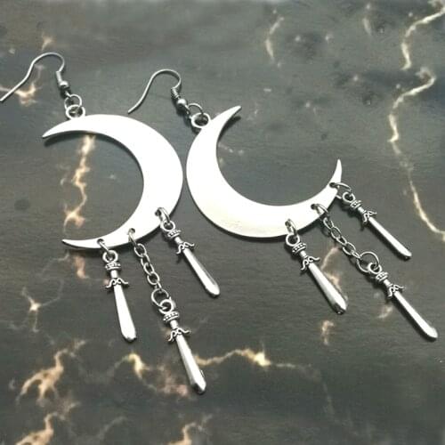 Dagger - Earrings - Crescent Moon - Sword - Long - Goth - Gothic - Witchy - Celestial - Jewelry - Silver plated- Moon