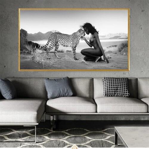 Beauty and The Beast Poster Wild Leopard and Naked Woman Canvas Painting Animal Wall Art A Piece Decoration Picture Home Decor