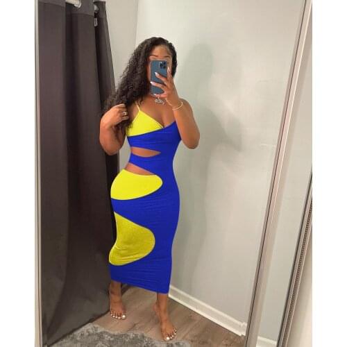 Summer Sexy Sleeveless Tight Dress Women Fashion V-neck Hollow Nightclub Style Cotton Ltight Dress Women