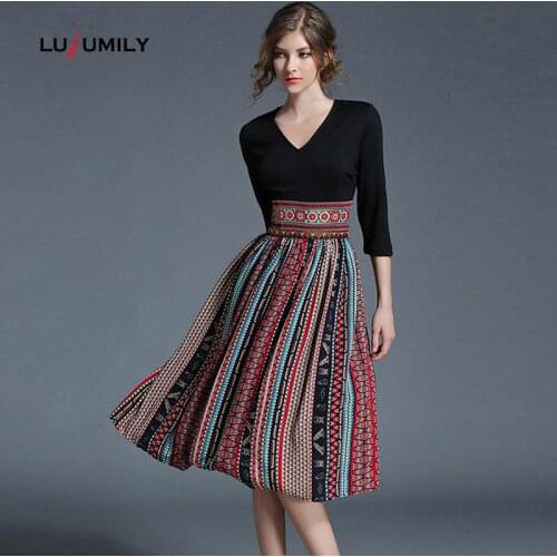 Lusumily Spring New Printing Casual Women Dress Retro Big Swing Sexy V-neck Slim Party Chiffon Half Sleeve Long Dresses Vestidos