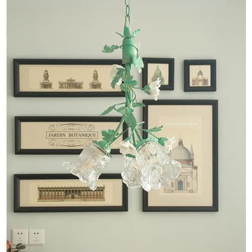 Small fresh American garden chandelier bedroom lamp iron art lamp glass cover ceramic petal restaurant decorative Chandelier