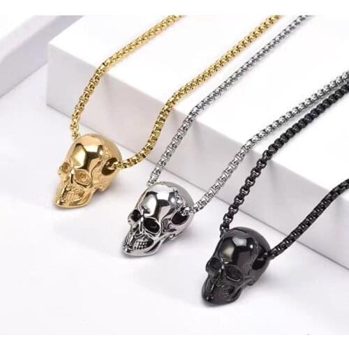 Punk Skull Head Pendant Necklace For Men Vintage Gothic Gold Black Statement Necklaces Couple Birthday Gift Hip-Hop Jewelry