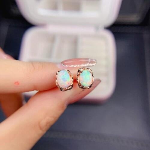 Natural Multicolor opal stud Earrings Natural gemstone stud earrings S925 silver cute elegant round surround women gift party