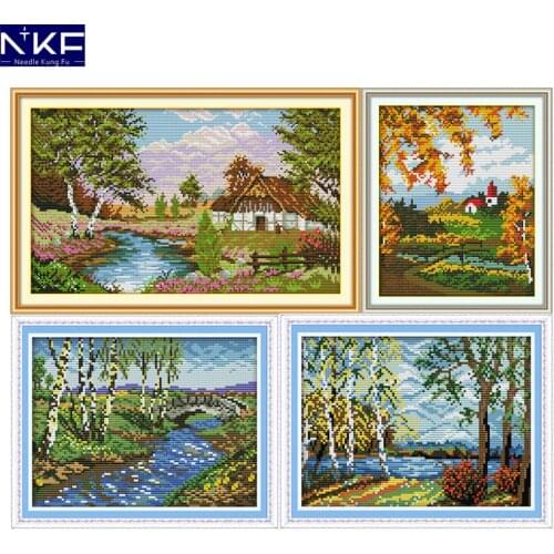 NKF The Scenery of The Countryside Cross Stitch Flower Embroidery Kits 11CT14CT DIY Chinese Cross Stitch Painting for Home Decor