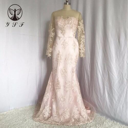 New Arrival Powder Pink O Neck Appliqued Lace Long Sleeve Sweep Train Mermaid Prom Dresses 2018