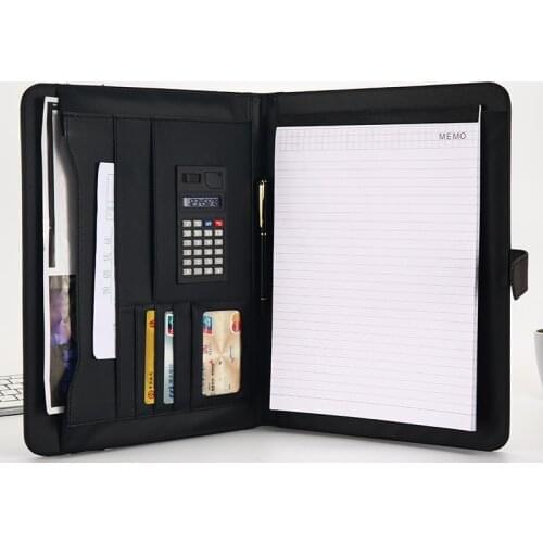 A4 File Organizer Portfolio Folder Document Bags PU Leather Notepad Multi-function Card Holder Pen File Clip Calculator Memo