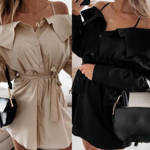 Shirt Dress Solid Color Off Shoulder Spaghetti Strap Long Sleeve Lace-up Single-breasted Women Dress for Vacation