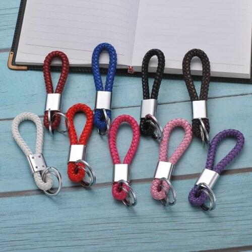 Braided leather rope double ring metal key ring mens and womens general car key chain mobile phone creative key ring