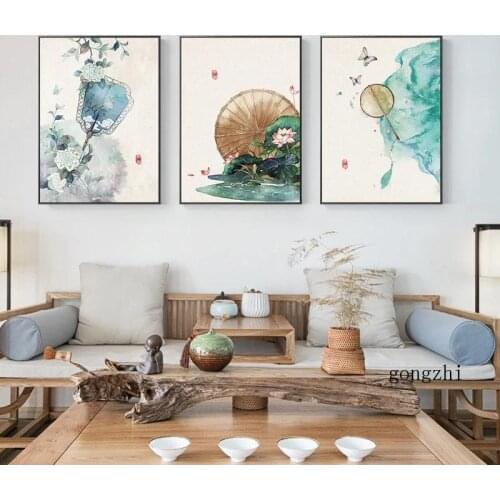 Chinese Style Landscape Posters Peach Blossom Lotus and Fan Canvas Painting Prints Wall Art Pictures for Living Room Home Decor