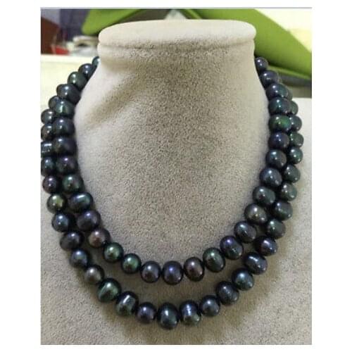 Stunning 32inch14k 9-10MM baroque peacock green pearl necklace