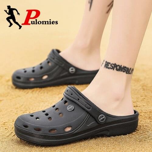 PULOMIES Summer Men Slippers Massage Clogs Outdoor Garden Shoes Men Pool Sandals Bathroom Cross-tied Slides Mules Beach Slippers