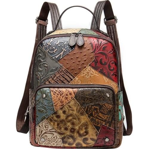 Colorful Patchwork Backpack Womens Leather Travel Backpack Ethnic Style Ladies Travel Bag