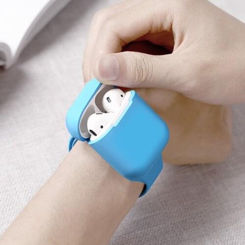 Watch Belt Style Soft Silicone Protect Case for Airpods 1/2 Apple Earphone Solid Color Protector with Wrist Strap Charging Box
