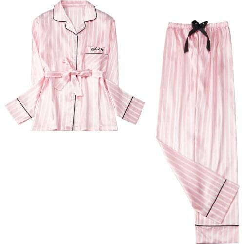 Pink Stripe Silk Pajamas for Women Summer Pijama Suits Sleepwear Cardigan Long Seeve Shirt Pants Homewear Sets Outfit Lingerie