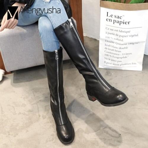 Front zipper women winter warm plush long boots black leather knee-high booties punk motorcycle botines mujer 2018 shoes ladies