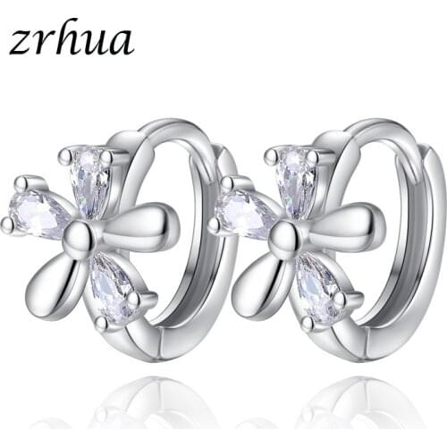 ZRHUA Fashion Elegant Crystal Flower Hoop Earrings for Women Wedding Simple Luxury Silver 925 Jewelry Female Christmas Gifts