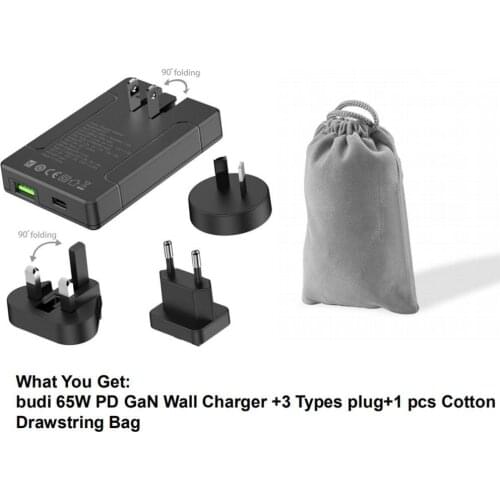 VIP BUDI Three Plugs EU US UK 65W Dual Fast Wall Charger PD 3.0 USB C Foldable Plug Adapter with 18W USB A Power Fast Charger