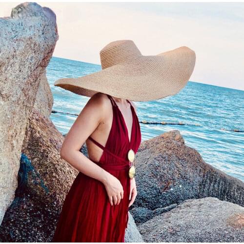 25CM Wide Brim Straw Hat Women Beach Hats Oversized Fashion Ladies Summer New 2021 UV Protection Foldable Sun Shade Cap Sunhat