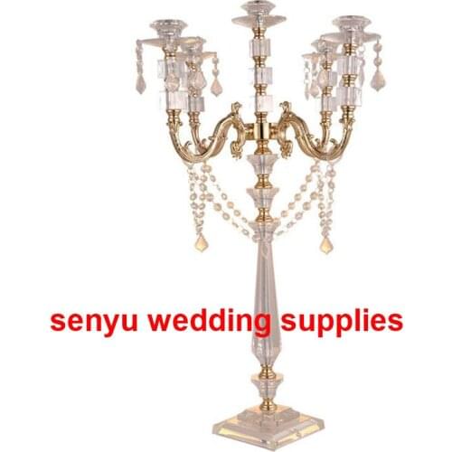 12pcs/lot Wedding Minimalistic Vintage Five Gold Acrylic Crystal Candelabra Centerpiece For Table party decoration senyu0241