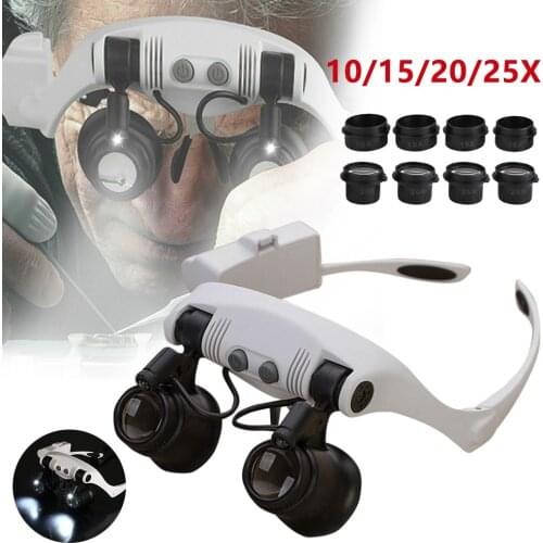 10X 15X 20X 25X LED Magnifier Double Eye Glasses Loupe Lens Jeweler Watch Repair Measurement with Lens LED lamp