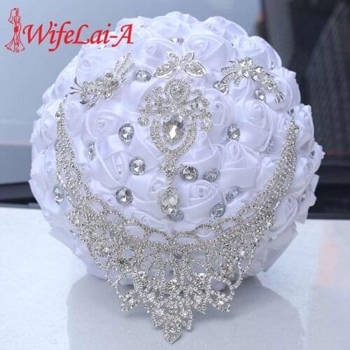 WifeLai-A White Satin Wedding Flowers bridal Bouquets Handmade Bridesmaid Wedding Bouquet Diamond Brooch Bouquet De Mariage W287