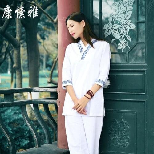 Women Yoga Wear Cotton Linen Loose Seven Cuff Yoga Top Wide Leg yoga pant Martial Arts Suit Tai Chi Uniform Meditation yoga Suit