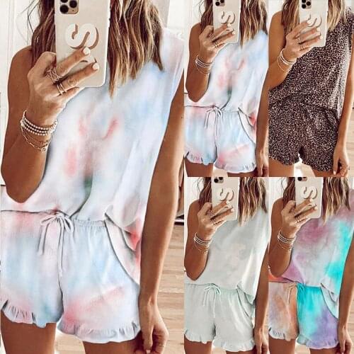 Ladies Sports Suit Summer New Tie Dye Print Sleeveless O-neck T Shirt And Shorts Two Piece Casual Womens Home 2 Piece Sport Suit
