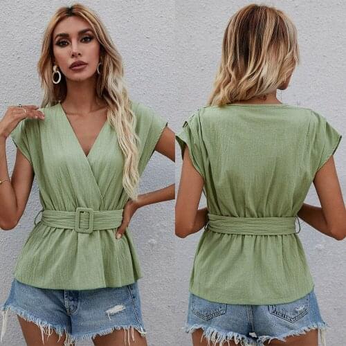 Women Summer 2021new Retro Fashio V-neck temperament casual waist waist was thin solid color half-Sleeved Harajuku top