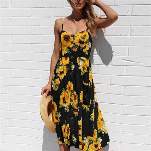 Floral print Summer Dress Women Sexy Button Sleeveless Suspenders Beach Dress Loose Pocket Backless Boho Party Dresses Mujer