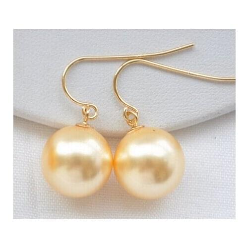 12mm Yellow Round South Sea Shell Pearl Dangle Earring Lovely Fine Nobility Ladys Womens Earrings