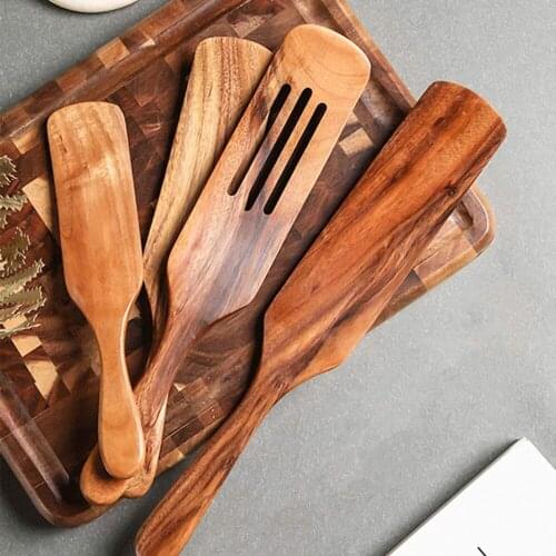 3PCS Teak Wood Natural Long Handle Spatula Kitchen Non Stick Cooking Utensils Wooden Spatula Slotted Turner Set kitchenware