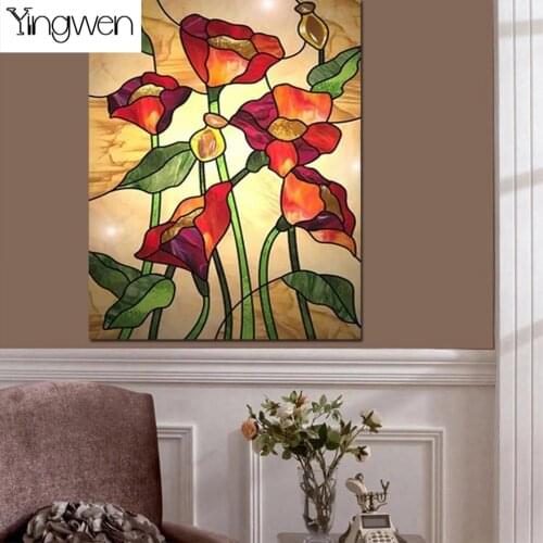 Diamond Painting Stained Glass Red Flower 5D DIY Full Square Round Drill Embroidery Mosaic Cross Stitch Kits Home Decor Art Gift