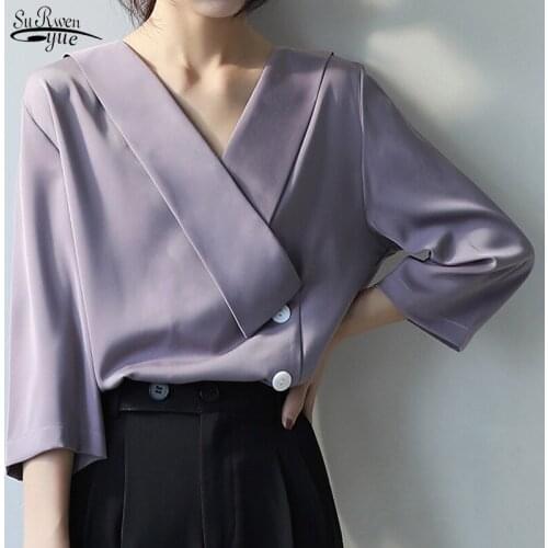 Summer Fashion Korean V-neck Shirt Seven Sleeve Chiffon Women Blouses Women Button Plus Size Female Clothing Bluzka Damska 14759