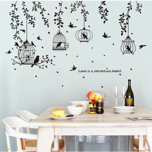 Home PVC TV Background Wall Stickers Black Bird Cage And Leaves Silhouette Patterns Living Room Wall Stickers Decorative