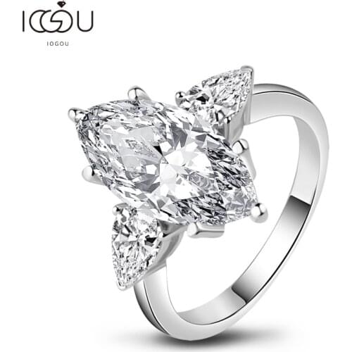 IOGOU Three Stones Marquise Created Sapphire Engagement Rings For Women Sona 925 Sterling Silver Wedding Band Ring Jewelry Gift
