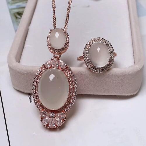 Jadery Charm Rose Gold 100% 925 Sterling Silver Jewelry Sets Natural Jade Gemstone Crystal Ring/Necklace Luxury Fine Jewelry