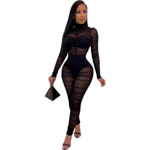 Adogirl Women Sexy Mesh See through Black Jumpsuit Long Sleeve Pleated Slim Romper Nightclub Party Outfit One Piece Bodysuit