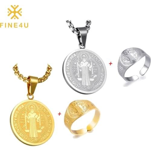 FINE4U J010 Stainless Steel St.Benedict Medal Necklace and Ring Sets Jesus San Benito Jewelry Set for Men Women