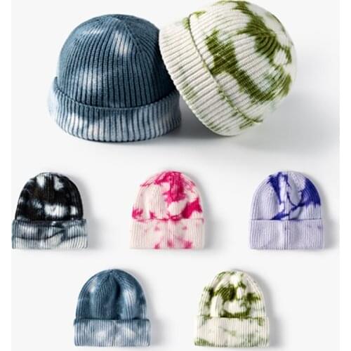Fashion Fall Men Hip Hop Tie Dye Knitted Hats Women Cotton Crochet Skullies Beanies Hat Harajuku Dip Dye Soft Streetwear