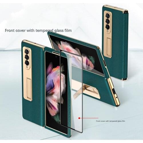 Luxury For Samsung Galaxy Z Fold 3 Matte Fashion Leather Flip Cover Holder Kickstand Function Plating Frame Full Back Case