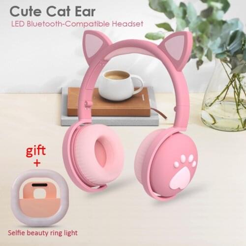 Cute Cat Ear Paw Headset+Selfie Ring Light Wireless Bluetooth-Compatible 5.0 Headphones Earphone with Mic for Kids/ Girls Gift