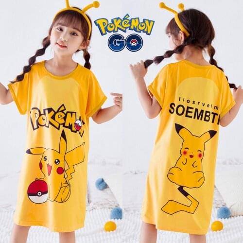 2021 Pokemon Pikachu Girls Nightdress Kawaii Clothes Cartoon Anime Cute Pajamas Children Homewear Cotton Sleepwear Summer Dress